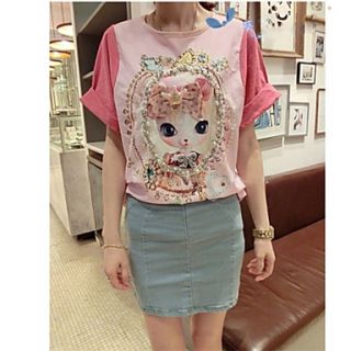 XiXi Womens Sweet Kitty Stereoscopic Bowknot Beading Short Sleeve Chiffon T Shirt(Screen Color)