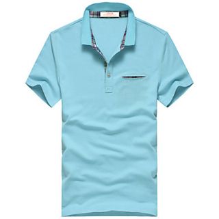 Lucassa Mens Simple Lapel Solid Color Short Sleeve T Shirt(Light Blue)