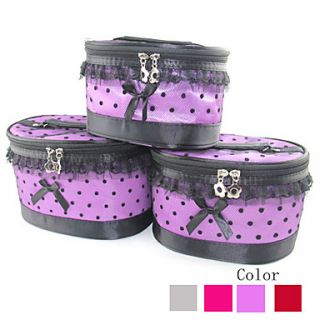 3PCS Cosmetic Makeup Pouch Portable Case Bag Set with Mirrors Fishnet Dot Lace Bowknot RedPurple(Assorted Colors)