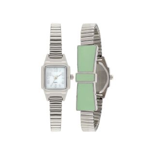 Womens Stretch Bow Square Case Watch, Siltone/mint