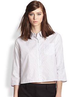 Theory Lerlynn Santo Cotton & Linen Cropped Striped Shirt   White Blue