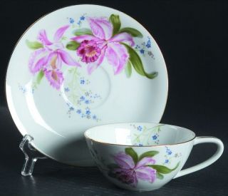 Noritake Dolores Flat Cup & Saucer Set, Fine China Dinnerware   Pink Orchids,Blu
