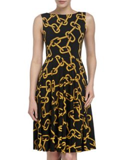 Chain Print Flare Skirt Dress, Black/Gold