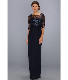 Adrianna Papell Embroidered Sequin Bodice Drape Gown Womens Dress (Navy)