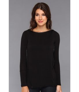 C&C California L/S Boat Neck Tee w/ Faux Leather Detail Womens Long Sleeve Pullover (Black)