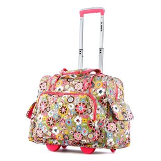 Olympia Luggage Pink Tulip Rolling Fashion Carry on Tote Bag (PinkPrint FloralMaterial Ripstop polyesterWheeledRecessed metal ball bearing wheelsWeight 6.5 poundsHideaway push button retractable handleDimensions 17 inches high x 14 inches long x 8.25 