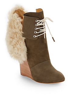 Shearling Trimmed Two Tone Suede Wedges   Olive