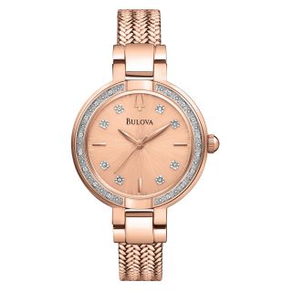 Bulova Womens Rose Tone Diamond Accent Bracelet Watch