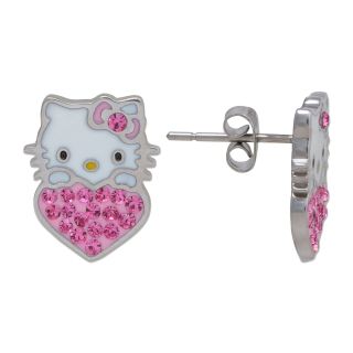 Girls Stainless Steel Pink Crystal Hello Kitty Heart Earrings, Girls