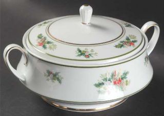 Noritake Holly Round Covered Vegetable, Fine China Dinnerware   Green & Gold Ban