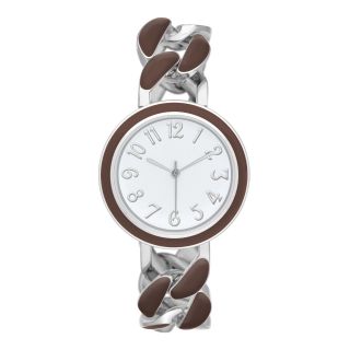 Womens Silver Tone Enamel Chain Bracelet Watch, Brown