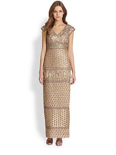 Sue Wong Embroidered Cap Sleeve Gown   Taupe Combo