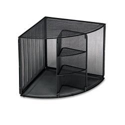 Rolodex Mesh Corner Desktop Shelf (BlackMaterial Metal meshNumber of compartments Five (5) Number of shelves Three (3)Dimensions 14.75 inches wide x 5.37 inches deep x 21.87 inches high Metal meshNumber of compartments Five (5) Number of shelves Thr