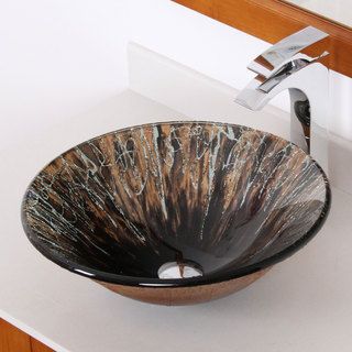 Elite 1310 Hand Painted Art Round Bell Shape Tempered Glass Bathroom Vessel Sink (Multicolor Brown and SilverInterior/Exterior Both Dimensions 17 inchs Diameter and 5.5 inchs High, 0.5 inch ThickFaucet settings Vessel Style FaucetType Bathroom Vessel 