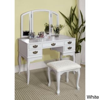 Furniture Of America Doris Solid Wood Vanity Table And Stool Set (Solid wood, fabric, glassFinish Cherry, whiteUpholstery materials Poly/cotton fabricUpholstery color Cherry wood with beige, white wood with white and patternFour (4) pocket drawers and 