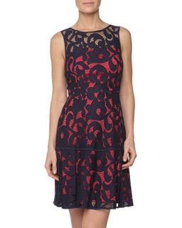 Illusion Lace Fit And Flare Dress, Navy/Tango Pink