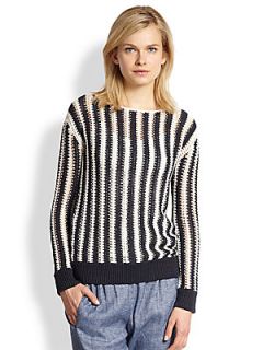 Theory Utopian Open Knit Striped Sweater   White Deep Denim