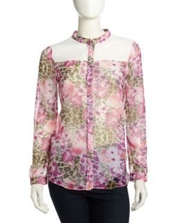 Long Sleeves Floral Print Voile Blouse, Pink Multi