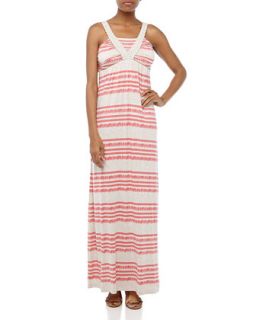 Ikat/Stripe Braided Strap Maxi Dress, Coral/Hazy Gray