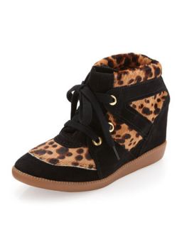Belize Calf Hair and Suede Wedge Sneaker, Preto/Natural