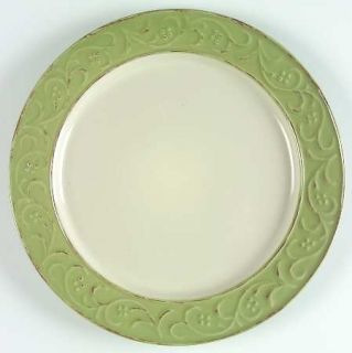 Pier 1 Antique Floral Dinner Plate, Fine China Dinnerware   Green Rim,Embossed F