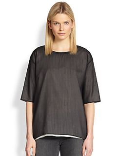 Theory Feung Stretch Silk Layered Striped Top   Black