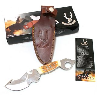 The Bone Edge Stainless Steel 8.5 inch Hook Blade Skinner Hunting Knife (Bone Blade materials Stainless steel Handle materials Real boneBlade length 4 inchesHandle length 4.5 inchesIncludes leather sheathWeight 16 ounces Dimensions 9 inches long x 5