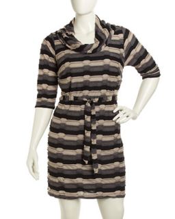 Striped Puckered Knit Dress, Black/Tan, Womens