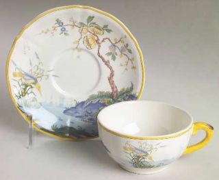 Gien Caraibes Footed Cup & Saucer Set, Fine China Dinnerware   Bird On Reeds,Ins