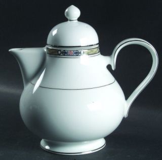 Noritake Canova Teapot & Lid, Fine China Dinnerware   Green/Gray Band,Pink Rose,