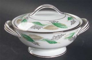 Noritake Lynwood Sugar Bowl & Lid, Fine China Dinnerware   Green & Gray Leaves,P