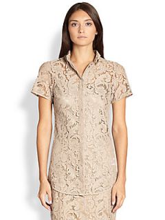 Burberry London Lace Button Front Blouse   Taupe