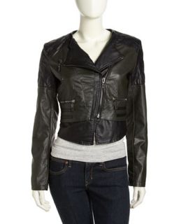 Vegan Leather Moto Jacket, Black/Olive