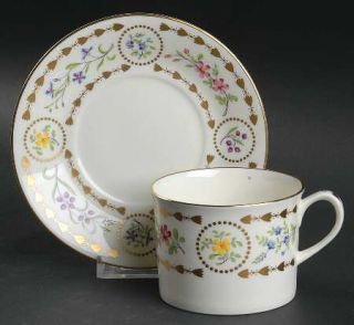 Royal Worcester Trianon Flat Cup & Saucer Set, Fine China Dinnerware   Gold Dots