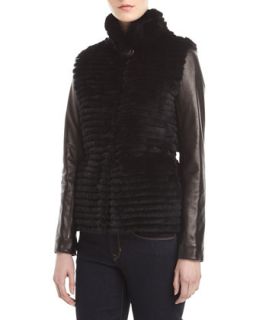 Leather Sleeve Layered Rabbit Fur Jacket, Black