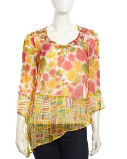 Graphic Print Contrast Silk Blouse, Coral