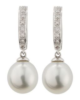 Diamond Hoop Pearl Drop Earrings