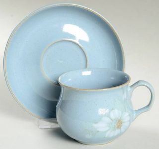 Denby Langley Blue Dawn Flat Cup & Saucer Set, Fine China Dinnerware   White Flo