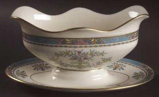Lenox China Blue Tree (Black/Green, Gold Trim) Gravy Boat with Attached Underpla