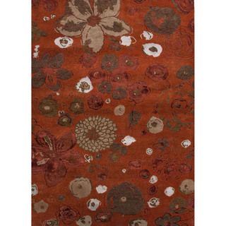 Hand knotted Red orange Floral Pattern Wool/ Silk Rug (96 X 136)