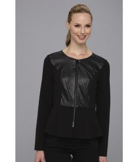 Calvin Klein Ponte PU Zip Front Peplum Jacket Womens Coat (Black)