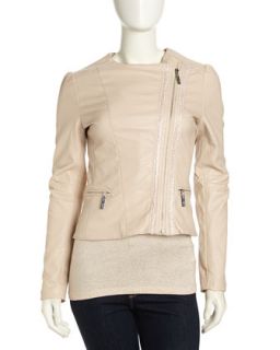 Asymmetric Cropped Faux Leather Moto Jacket, Nude