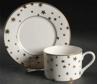 Sakura Galaxy White Flat Cup & Saucer Set, Fine China Dinnerware   Gold Stars On