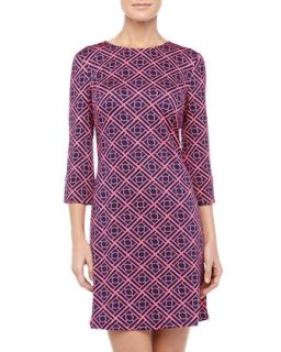 Maggie Bamboo Print 3/4 Sleeve Dress, Navy/Pink