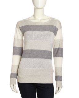 Striped Mix Knit Sweater, White/Gray/Oatmeal