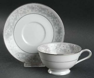 Noritake Graycrest Footed Cup & Saucer Set, Fine China Dinnerware   White Flower