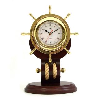Bey Berk International Brass Ships Wheel Clock with Rope on Teakwood Base  