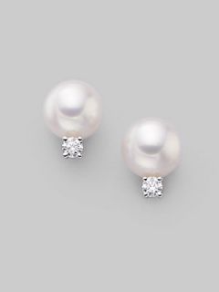 Mikimoto 7MM White Akoya Cultured Pearl, Diamond & 18K White Gold Earrings   No