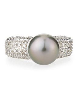 Pavï¿½ Diamond & Black Tahitian Pearl Ring, Size 7