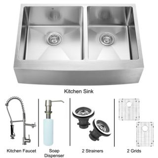 Vigo Industries VG15093 Kitchen Sink Set, Farmhouse Sink, Faucet, Two Grids, Two Strainers amp; Dispenser Stainless Steel